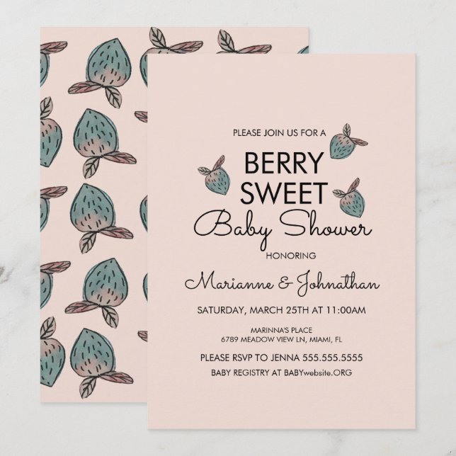 Sweet Strawberries Handgemalte Babydusche Einladung (Vorne/Hinten)