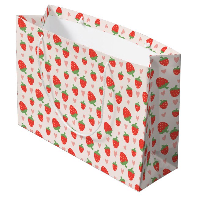 Sweet Strawberries & Hearts Große Geschenktasche Geschenktüte (Rückseite Schrägansicht)