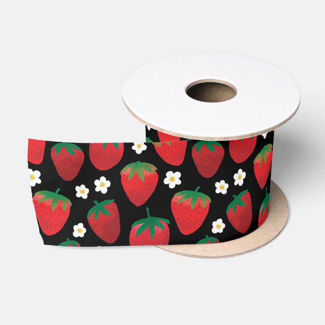 Sweet Strawberries Muster auf schwarz Satinband (Spule)