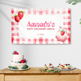 Sweet Strawberry Ankunft Gingham Baby Dusche Rosa Banner