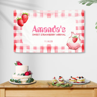 Sweet Strawberry Ankunft Gingham Baby Dusche Rosa Banner