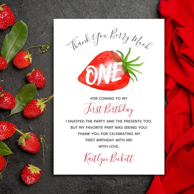 Sweet Strawberry Berry Erster Geburtstag Dankeskarte (Von Creator hochgeladen)