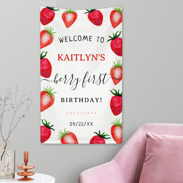 Sweet Strawberry Berry First 1st Birthday Welcome Banner (Von Creator hochgeladen)
