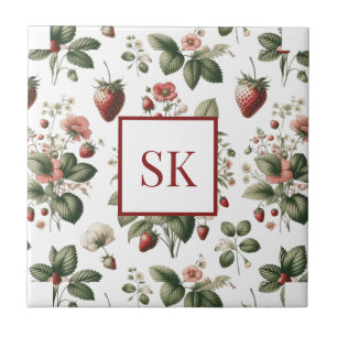Sweet Strawberry & Floral Muster Custom Monogram Fliese