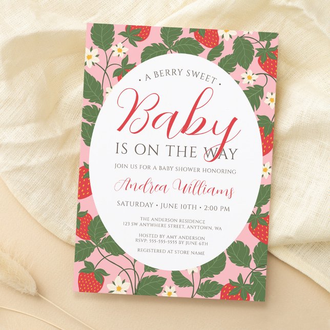 Sweet Strawberry Floral Vine Pink Girl Babydusche Einladung (Von Creator hochgeladen)