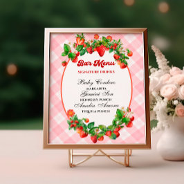 Sweet Strawberry Pink Gingham Bar Menu Dusche Poster