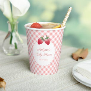 Sweet Strawberry Pink Gingham Picnic Baby Dusche Pappbecher