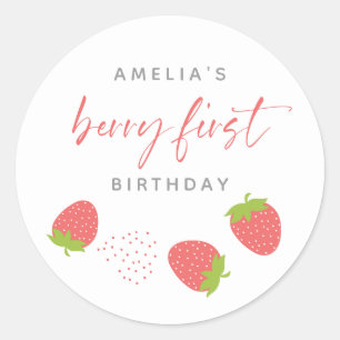 Sweet Strawberry Script Berry First Birthday Runder Aufkleber