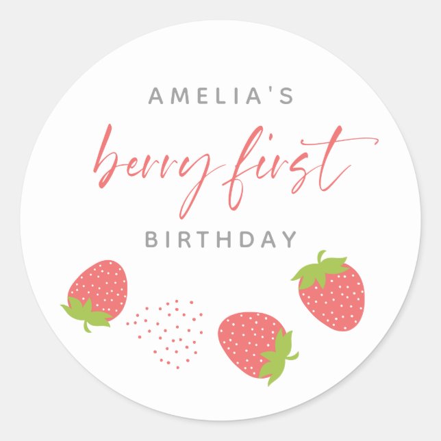 Sweet Strawberry Script Berry First Birthday Runder Aufkleber (Vorderseite)
