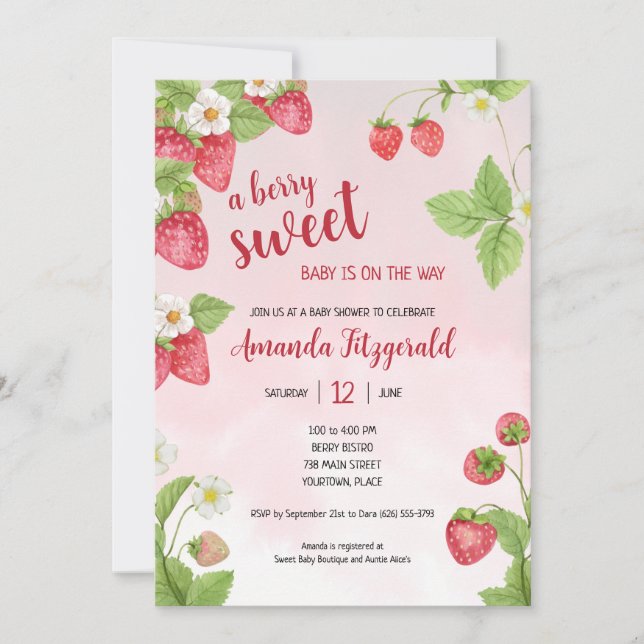 Sweet Strawberry Watercolor Babydusche Einladung (Vorderseite)