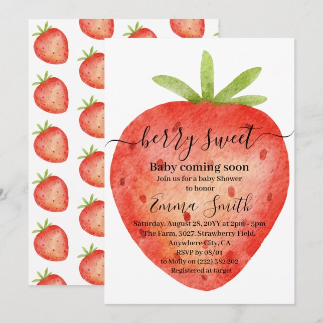 Sweet Strawberry Watercolor Kinderdusche Einladung (Vorne/Hinten)
