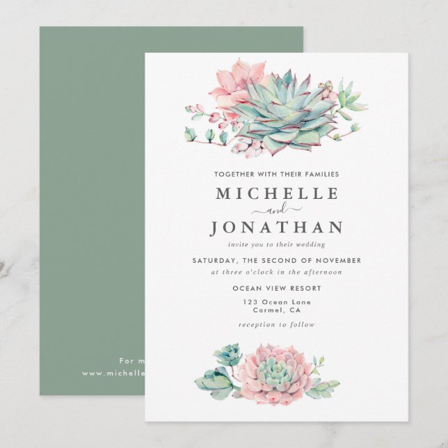 Sweet Succulent Pink Green Wedding Einladung (Vorne/Hinten)