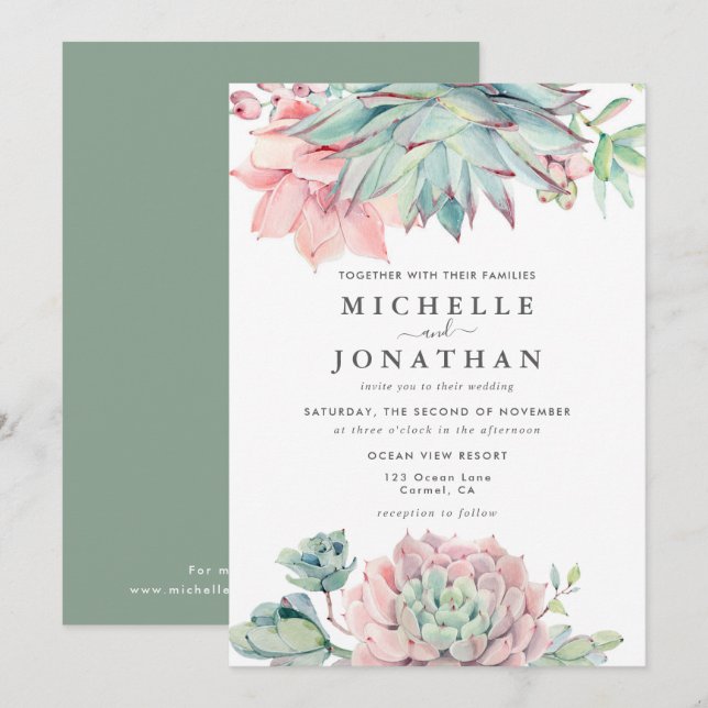 Sweet Succulent Pink Green Wedding Einladung (Vorne/Hinten)