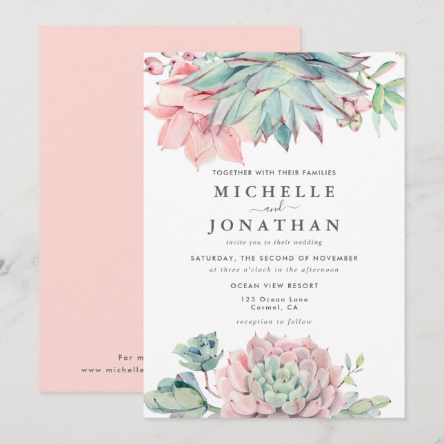 Sweet Succulent Pink Green Wedding Einladung (Vorne/Hinten)