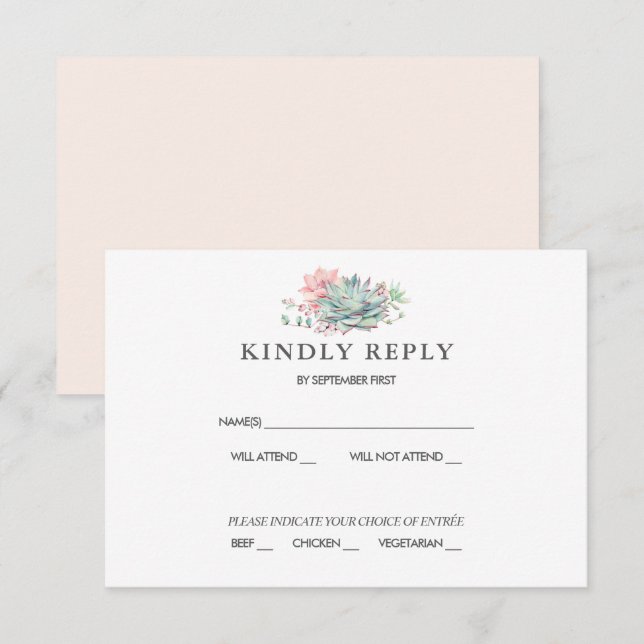 Sweet Succulent Pink Green Wedding RSVP Einladung (Vorne/Hinten)