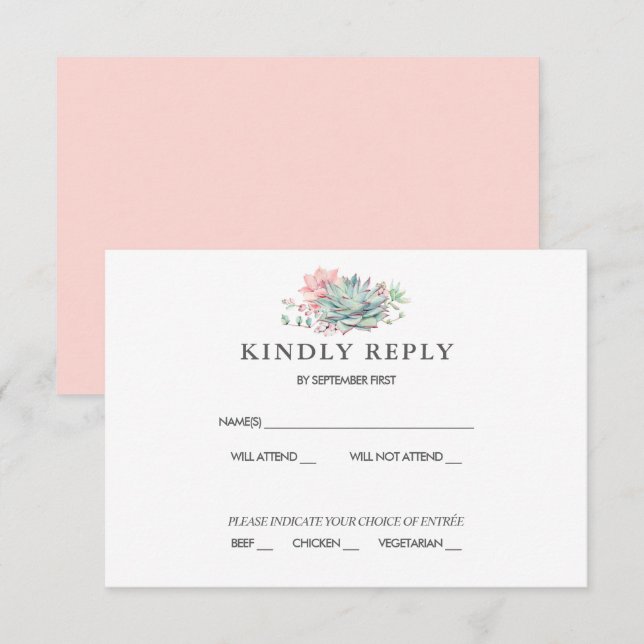 Sweet Succulent Pink Green Wedding RSVP Einladung (Vorne/Hinten)