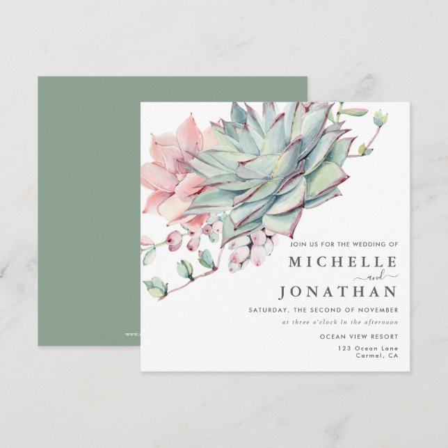 Sweet Succulents Pink Green Wedding Einladung (Vorne/Hinten)