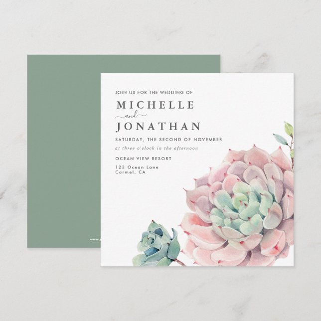 Sweet Succulents Pink Green Wedding Einladung (Vorne/Hinten)