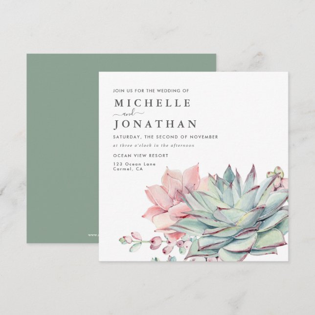 Sweet Succulents Pink Green Wedding Einladung (Vorne/Hinten)