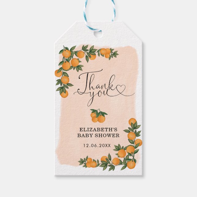Sweet Summer Citrus Orange Greenery Baby Shower Geschenkanhänger (Vorderseite)