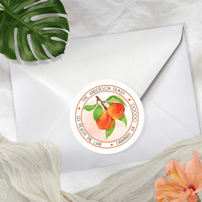 Sweet Summer Peaches Circle Rücksendeadresse Runder Aufkleber (Everything is coming up peaches in this watercolor peach branch return address envelope seal design.)