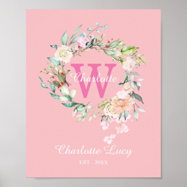 Sweet Summer Rose Baby Initial Monogram Poster (Vorne)