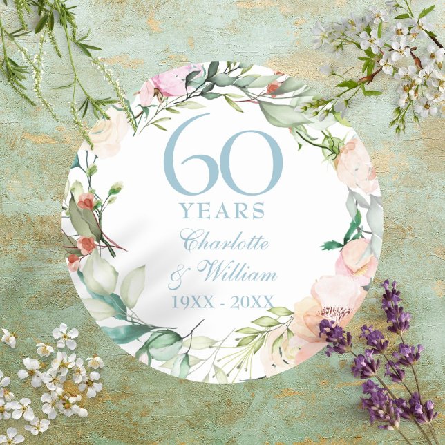 Sweet Summer Rose Garland 60 / 75 Jahre Jubiläum Runder Aufkleber (Sweet Summer Roses Garland 60th / 75th Anniversary Classic Round Sticker)