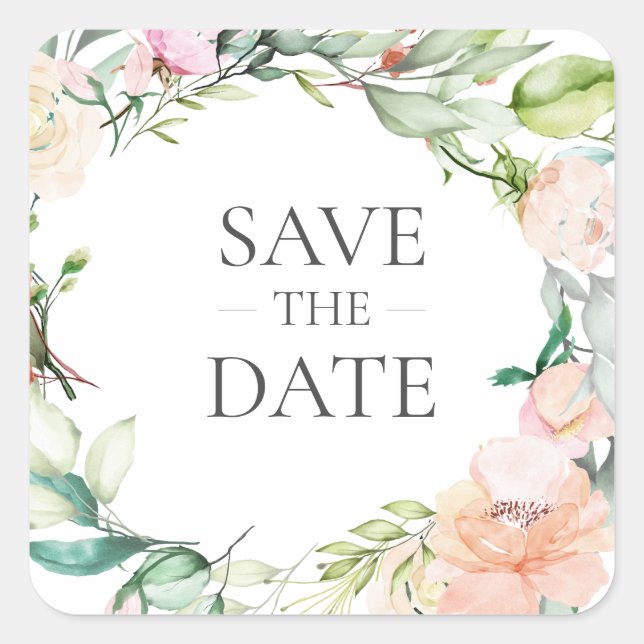 Sweet Summer Rose Garland Save the Date Quadratischer Aufkleber (Vorderseite)