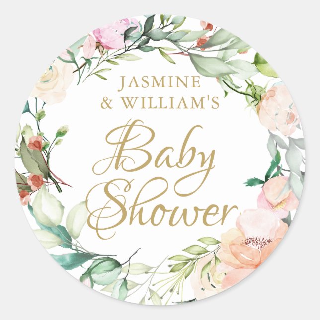 Sweet Summer Rose Goldskripte Paare Babydusche Runder Aufkleber (Vorderseite)