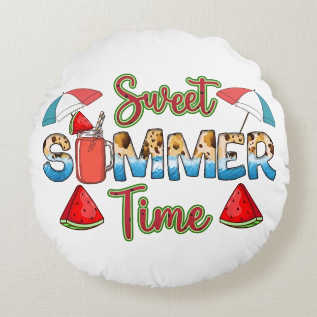 Sweet Summer Time | Farbenfrohe Wassermelone Rundes Kissen (Vorderseite)