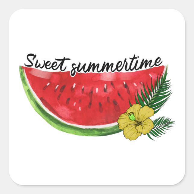 Sweet Summer Time | Wasserfarbene Wassermelone Quadratischer Aufkleber (Vorderseite)