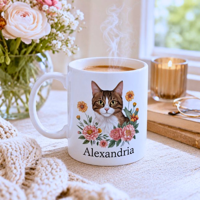 Sweet Tabby Katze mit Blume Kaffeetasse (Von Creator hochgeladen)