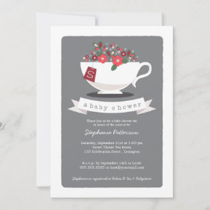 Sweet Teacup & Red Floral Baby Dusche Einladung