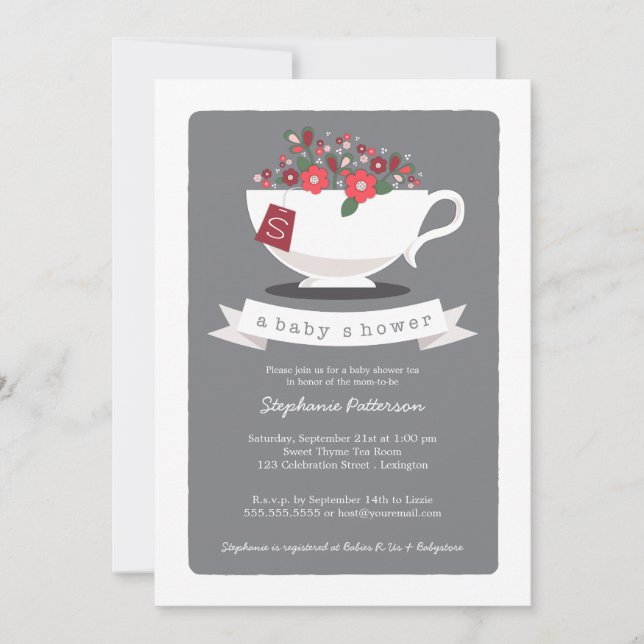 Sweet Teacup & Red Floral Baby shower Invitation (Devant)