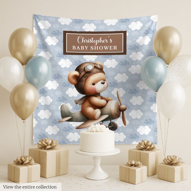 Sweet Teddy Bär Pilot Baby Dusche Party Hintergrun Wandteppich (Sweet teddy bear pilot baby shower party backdrop)