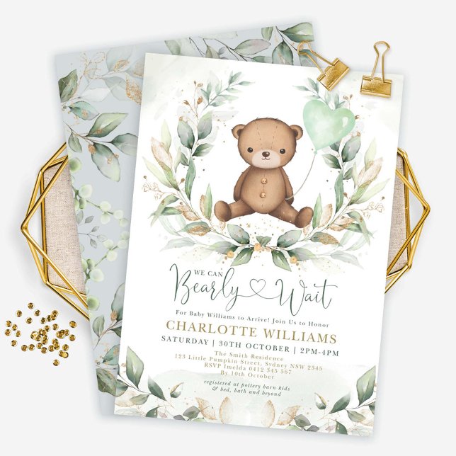 Sweet Teddy Bear Baby Shower Greenery Gold Ballon Einladung (Von Creator hochgeladen)