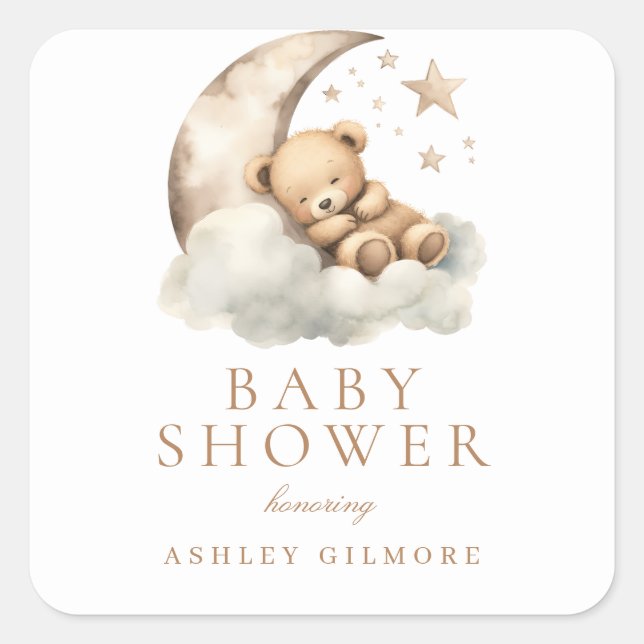 Sweet Teddy Bear Beige Neutral Baby Dusche Quadratischer Aufkleber (Vorderseite)