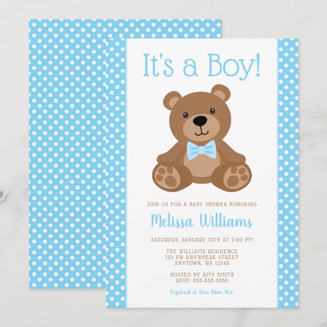 Sweet Teddy Bear Blue Polka Dot Baby Dusche Einladung (Vorne/Hinten)