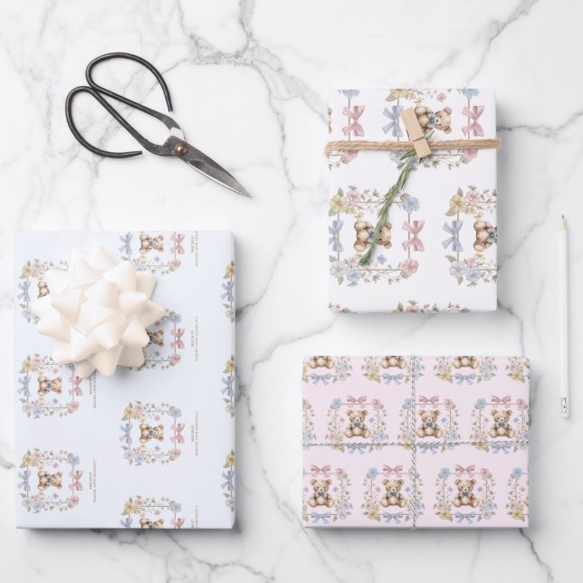 Sweet Teddy Bear Bows Baby Duschgeschenk Wrap Geschenkpapier Set (Vorderseite)