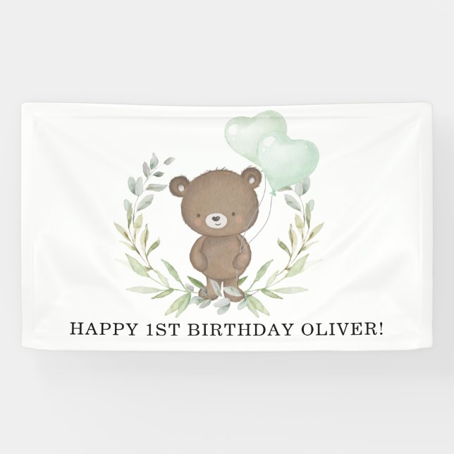 Sweet Teddy Bear Greenery Wreath Happy Birthday Banner (Horizontal)