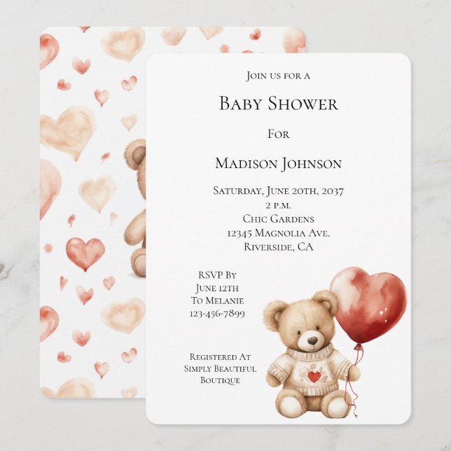Sweet Teddy Bear Heart Balloon Babydusche Einladung (Vorne/Hinten)