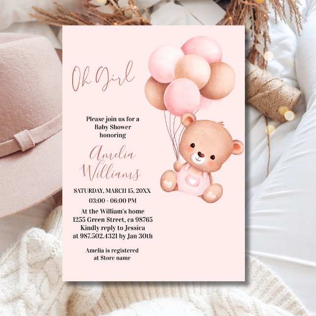 Sweet Teddy Bear Oh Girl Pink Balloon Babydusche Einladung (Von Creator hochgeladen)
