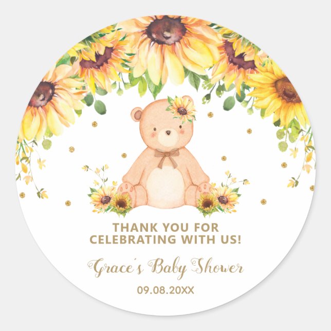 Sweet Teddy Bear Sonnenblume Danke Golden Glitzer Runder Aufkleber (Vorderseite)