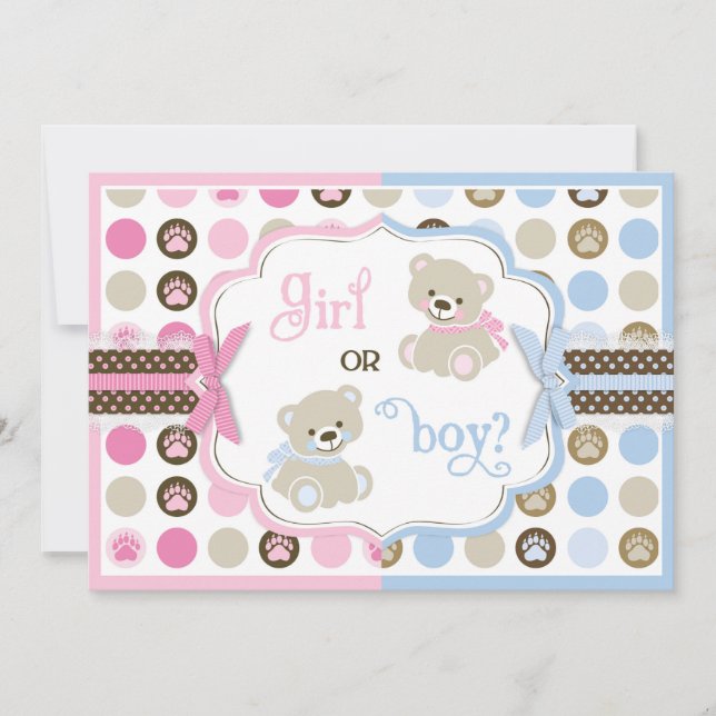 Sweet Teddy Bears und Paw Dot Print Gender-Bericht Einladung (Vorderseite)