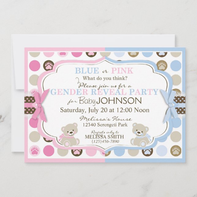 Sweet Teddy Bears und Paw Dot Print Gender-Bericht Einladung (Rückseite)