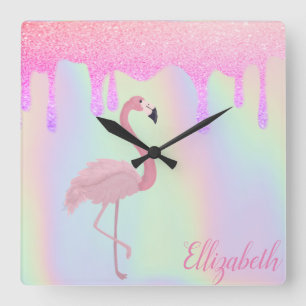 Sweet Trendy Holographic, Pink Flamingo Quadratische Wanduhr