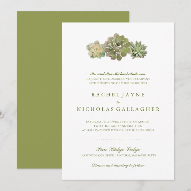 Sweet Trio Succules Sage Green | Hochzeit Einladung (Vorne/Hinten)