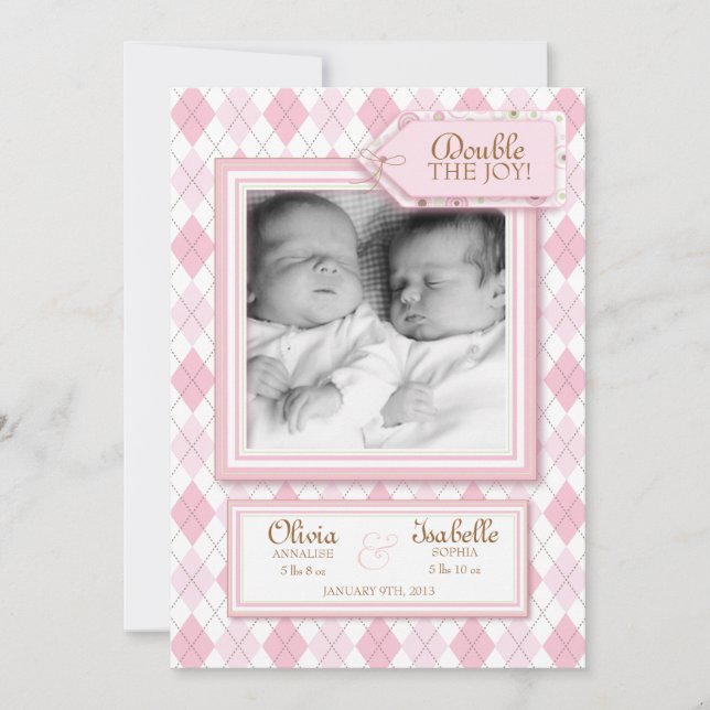 Sweet Twin Girl Raute Foto Geburtsankündigung Ankündigung (Vorderseite)