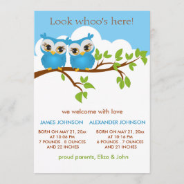 Sweet Twins Owls Baby Boy Birth Announccard Ankündigung