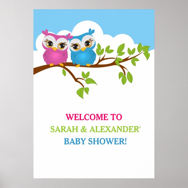 Sweet Twins Owls Boy Girl Baby Showposter Poster (Vorne)